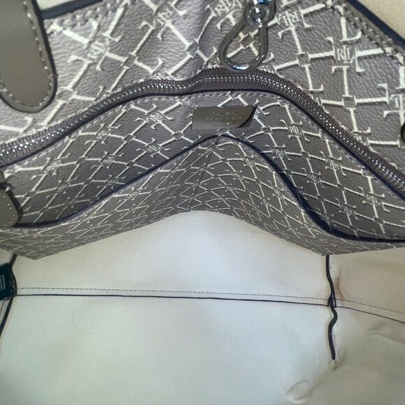 Lauren Ralph Lauren Women’s Gray Monogram Faux Leather Shoulder Straps Tote Bag - Picture 12 of 16